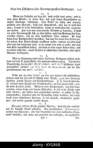 Pagina 245 del trattato del 1752 di Johann Joachim Quantz "Versuch einer Anweisung die Flöte traversiere zu spielen", che descrive l'embouchure per flauto e il controllo del respiro. Foto Stock