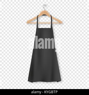 Vettore vuoto nero in cotone Grembiule da cucina con vestiti appendiabiti in legno closeup isolata sulla griglia di trasparenza dello sfondo. Modello di progetto, mock up per il branding, pubblicità ecc. La cottura o baker concept Illustrazione Vettoriale