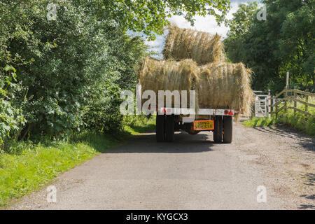 Agriturismo Il rimorchio caricato con grandi rotoballe di fieno che viaggia lungo aa English country lane. Foto Stock