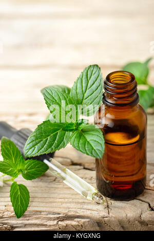La menta piperita olio essenziale e lascia sulla tavola di legno Foto Stock