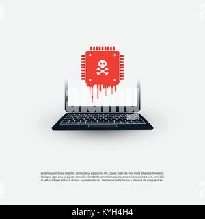Computer portatile equipaggiato con un processore colpite da Meltdown & spettro critiche vulnerabilità di sicurezza,attacchi cibernetici, password o dati personali vettore di perdita Illustrazione Vettoriale