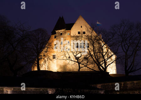 Il castello e le mura della città illuminata di notte in Nuermberg, Germania. I monumenti storici che ha contribuito a rendere Norimberga una delle più potenti città in Foto Stock