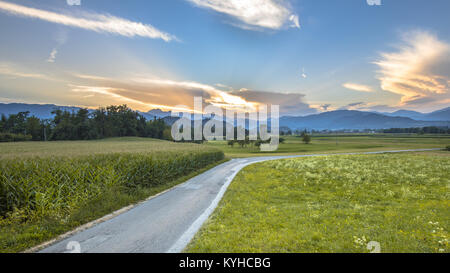 La strada attraverso la campagna slovena il paesaggio con le Alpi Giulie sullo sfondo vicino a Bled Foto Stock