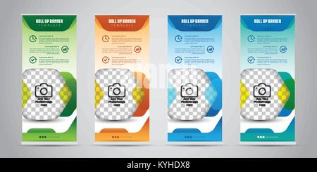 Business Roll Up Banner con 4 diversi colori. Standee Design. Modello di pagina di intestazione. Illustrazione Vettoriale Illustrazione Vettoriale