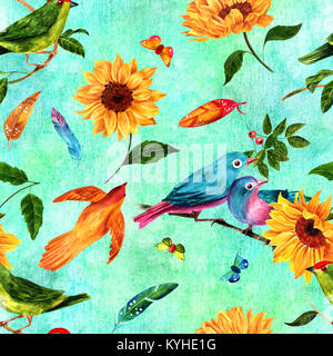 Modello senza cuciture con acquerelli di uccelli, piume, girasoli e farfalle Foto Stock