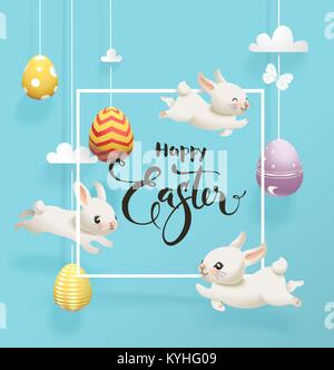Festosa uova decorate appesi sulle stringhe contro il cielo blu su sfondo, strani piccoli coniglietti, cornice quadrata e felice Pasqua scritte a mano. Illustrazione di vettore per il messaggio di saluto festivo card, cartolina Illustrazione Vettoriale