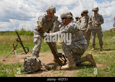 Stato comando Sgt. Il Mag. Thomas Chumley parla con i soldati del primo battaglione di fanteria 149durante l'unità di addestramento annuale presso il Camp Atterbury, Ind. Luglio 16, 2014. (U.S. Esercito nazionale Guard photo by Staff Sgt. Scott Raymond) Foto Stock