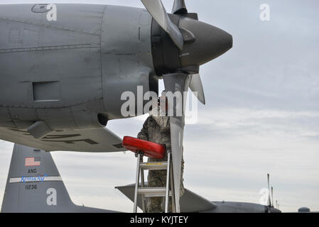 Stati Uniti Air Force Tech. Sgt. Travis Howard, un aeromobile tecnico di propulsione dal Kentucky Air National Guard di manutenzione 123Squadron, ispeziona un ingresso su una C-130H Hercules aeromobile prima di decollare sett. 23, 2014, a Gardermoen militare stazione aria a Oslo, Norvegia. Howard e gli avieri dal Kentucky Aria della Guardia 123Airlift Wing fornito supporto airlift all'ottantaduesima Divisione Aerotrasportata durante il funzionamento nobile Ledger. (U.S. Air National Guard foto di Master Sgt. Charles Delano) Foto Stock