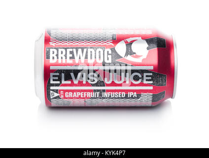 LONDON, Regno Unito - 02 gennaio 2018: Alluminio può di Brewdog Elvis succhi di frutta, birra dalla birreria Brewdog su sfondo bianco. Foto Stock