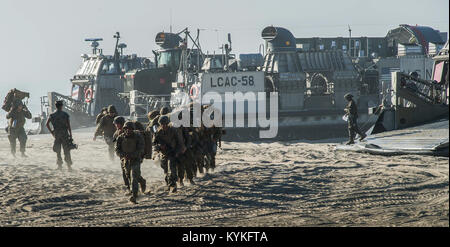 171027-N-BN355-767 Camp Pendleton, California (Ott. 27, 2017) DEGLI STATI UNITI Marines sbarcherà a Landing Craft Air Cushion (LCAC) per iniziare la Spiaggia Rossa manovre tattiche di porzione di esercizio bilaterale Alba Blitz 2017. Alba Blitz 2017 è uno scenario-driven esercizio anfibio progettato per treno e integrare Navy e Marine Corps unità fornendo un robusto ambiente di formazione dove le forze a pianificare ed eseguire un assalto anfibio, impegnarsi in live-fire eventi e stabilire expeditionary basi avanzate in un paese e minaccia marittima ambiente per migliorare Naval Amphibious competenze fondamentali. (U.S. Navy phot Foto Stock