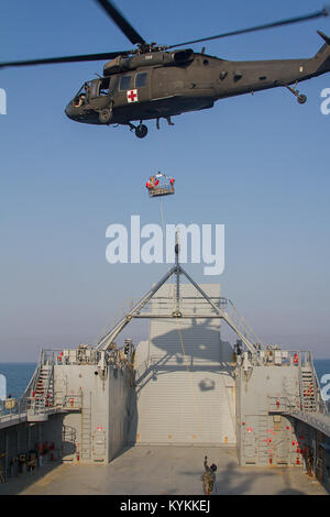 UH-60 "Black Hawk" elicotteri da C Company, 2° Battaglione, 238th supporto generale battaglione aviazione conduce il paranco la formazione al largo delle coste del Kuwait nel Golfo Arabico. La formazione specializzata prepara medevac equipaggi di estratto di aviatori abbattuti mentre in mare. L'2-238th include i soldati sia dall'Indiana e Kentucky esercito nazionale Guard ed è attualmente implementata in Medio Oriente con la trentaseiesima combattere la Brigata aerea (Texas Army National Guard) a sostegno dell'Operazione Enduring Freedom. (U.S. Esercito foto di Sgt. Contrassegnare Scovell/rilasciato) Foto Stock