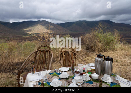 A pranzo nel bush mentre su safari nel Serengeti National Park Foto Stock