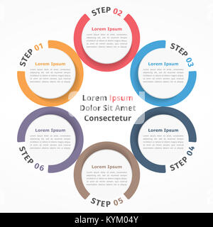 Schema circolare con sei elementi, fasi o opzioni del diagramma di flusso o diagramma di flusso di lavoro modello, EPS vettoriali10 illustrazione Foto Stock