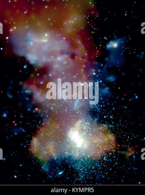Un'immagine colorata che cattura gli archi, Quintuplet e gli ammassi di stelle GC all'interno della via Lattea, osservati dall'Osservatorio radiografico di Chandra. Questi ammassi si trovano in una densa regione spaziale che forma stelle, rivelando intricate caratteristiche cosmiche. Foto Stock