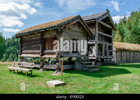 Case in legno ed edifici all'aria aperta West-Telemark Museum di Eidsborg con la Norvegia la più antica pagana edificio di legno da 116. Cielo blu Foto Stock