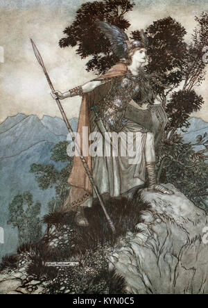 Una illustrazione di Arthur Rackham da "l'Rhinegold & la valchiria', legendées - ' Brünnhilde. ' Foto Stock