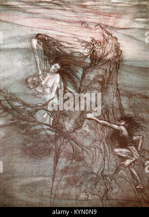 Una illustrazione di Arthur Rackham da "l'Rhinegold & la valchiria', legendées - ' Mock lontano! Mock! Il Niblung rende il tuo giocattolo! ' Foto Stock