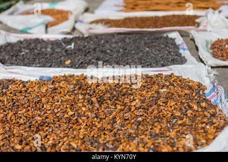 Le fave di cacao altre spezie asciugando fuori in strada nel sole di mezzogiorno. Foto Stock