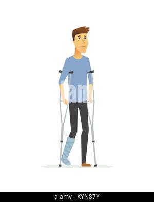 Giovane uomo su stampelle - cartoon persone caratteri illustrazione isolato Illustrazione Vettoriale