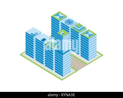 Città isometrica, street con case e grattacieli. Isolato su sfondo bianco. Illustrazione Vettoriale Illustrazione Vettoriale