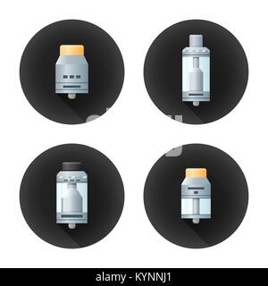 Vettore piatto colorato design realistico illustrazioni varie rebuildable antigoccia e serbatoio vape polverizzatori tipi RDA RDTA RTA RBA lunga ombra cerchio nero i Illustrazione Vettoriale
