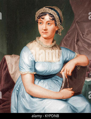 Jane Austen (1775-1817). Una incisione colorata dopo un ritratto di famiglia, pubblicato nel 1873. Foto Stock