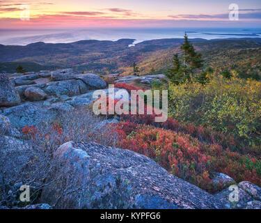 Autunno sunrise su Cadillac Mountain nel Parco Nazionale di Acadia nel Maine Foto Stock