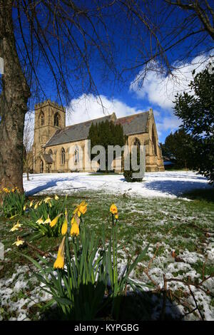 San Matteo chiesa parrocchiale nella città mercato di Leyburn North Yorkshire in Inghilterra dopo una primavera la caduta di neve intorno al sagrato narcisi Foto Stock