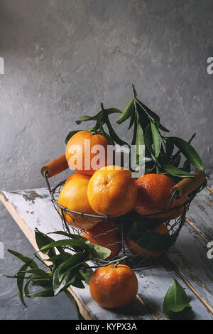 Mature clementine organici o i tangerini con foglie in cesto in piedi su bianco tavolato in legno tavolo con muro grigio come sfondo. Stile rustico. Un sano Foto Stock