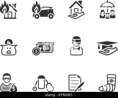 Icone di assicurazione in bianco e nero. Illustrazione Vettoriale. Illustrazione Vettoriale