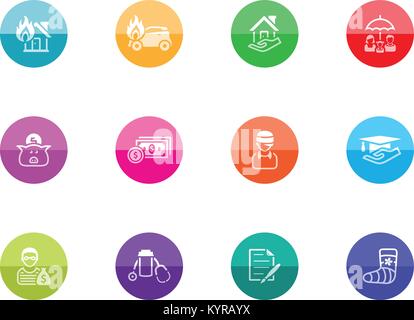 Icone di assicurazione in cerchi di colore. Illustrazione Vettoriale. Illustrazione Vettoriale