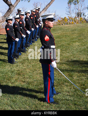 Marines con Alfa Azienda, Sede e il Battaglione di supporto, Marine Corps base Camp Pendleton, eseguire gli onori militari per un caduto il veterano della Marina a Riverside Cimitero Nazionale, Riverside, California, Dic 28, 2017. Dopo la famiglia la richiesta del diritto pubblico 106-65 richiede che ogni veterano ammissibili ricevere un militare gli onori funebri cerimonia, per includere la piegatura e la presentazione degli Stati Uniti bandiera e la riproduzione di rubinetti. (U.S. Marine Corps Foto Stock