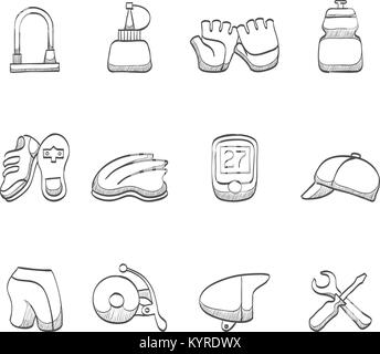 Accessori per biciclette serie di icone nel disegno. Illustrazione Vettoriale
