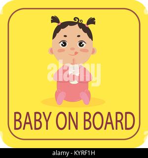 Bambino in sicurezza in auto auto vignetta segno. Ragazza a bordo Illustrazione Vettoriale