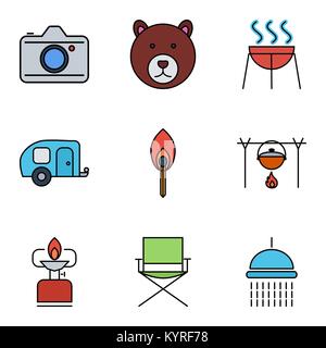 Camping flat vector icon set per il web e applicazioni per dispositivi mobili. Il set include - bear, fotocamera, barbeque, trailer, match, pot, fornello da campeggio, sedia, doccia. Esso Illustrazione Vettoriale