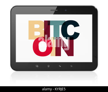 Concetto Cryptocurrency: Computer tablet con Bitcoin sul display Foto Stock
