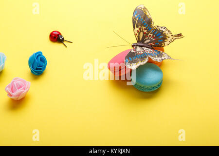 Una foto di macaron colorati e una carta butterfly, fiori, ladybug su sfondo giallo con un posto per il testo Foto Stock