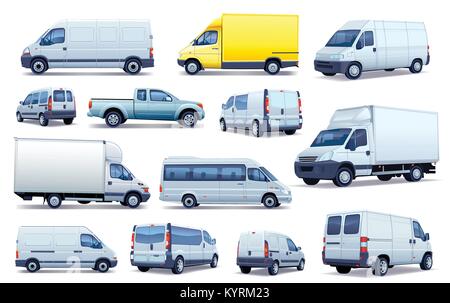 Set di bianco e nero automobili. Raccolta di varie autovetture e camion di consegna. Illustrazione Vettoriale