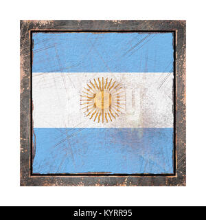 3D rendering di una bandiera argentina su un arrugginito piastra metallica in un vecchio telaio. Isolato su sfondo bianco. Foto Stock
