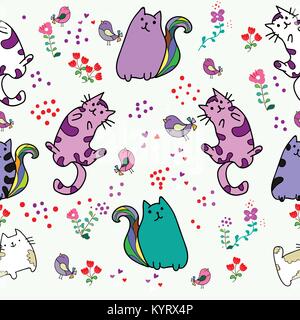 Cute cat seamless pattern con po' di Bird su sfondo colorato illustrazione vettoriale.Doodle stile cartoon Illustrazione Vettoriale