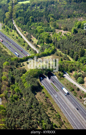 Paesi Bassi, Hoenderloo, autostrada o autostrada e eco crossover per la fauna. Ecodotto. Antenna. Ponte sulla fauna selvatica. Attraversamento della fauna selvatica. Foto Stock