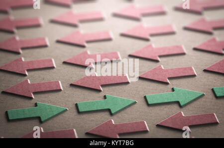 3D illustrazione di una freccia rossa rivolta verso il lato sinistro dell'immagine verde e quelli in direzione opposta. Andando contro il concetto di granella Foto Stock