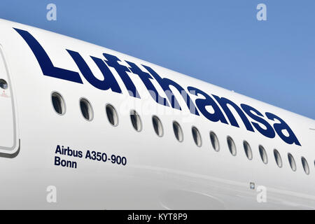 Dettagli, registrazione, Lettera, lettere, numeri, numeri d-AIXD, Bonn, bandiera, segno, Lufthansa Airbus A350-900, Aeroporto di Monaco di Baviera, Foto Stock