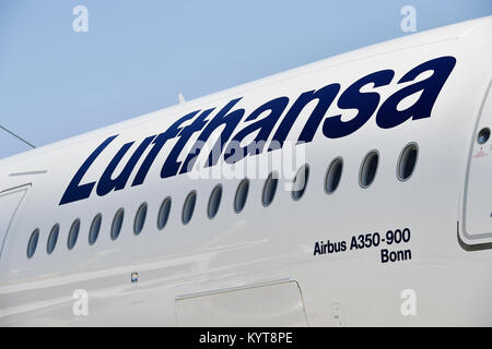 Dettagli, registrazione, Lettera, lettere, numeri, numeri d-AIXD, Bonn, bandiera, segno, Lufthansa Airbus A350-900, Aeroporto di Monaco di Baviera, Foto Stock