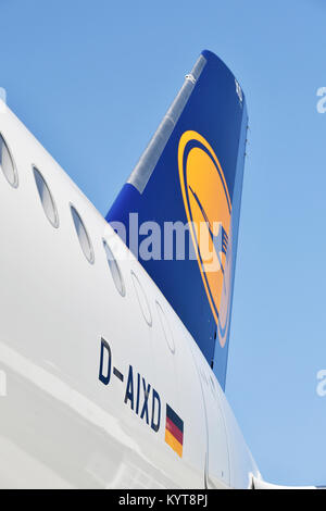 Dettagli, registrazione, Lettera, lettere, numeri, numeri d-AIXD, Bonn, bandiera, segno, Lufthansa Airbus A350-900, Aeroporto di Monaco di Baviera, Foto Stock