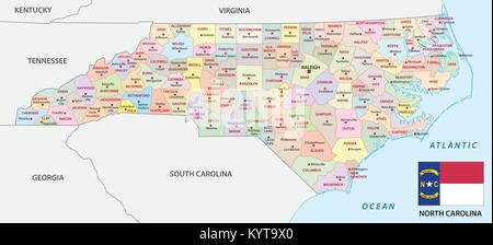 North Carolina politica e amministrativa di mappa vettoriale con bandiera Illustrazione Vettoriale