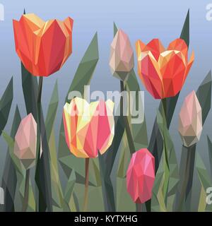 Erba verde prato con rosso e tulipani gialli isolato su bianco. Natura floreale sfondo floreale Illustrazione Vettoriale