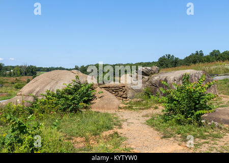 Il ribelle Sharpshooter area di Rocks, Devils Den, Gettysburg National Military Park, Pennsylvania, Stati Uniti. Foto Stock