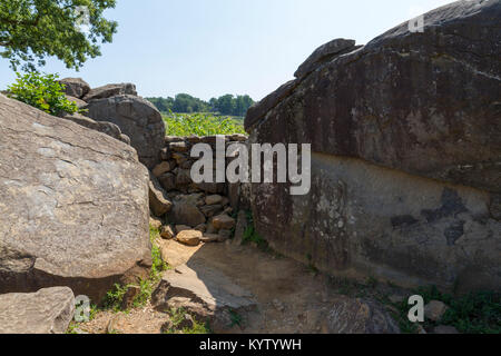 Il ribelle Sharpshooter area di Rocks, Devils Den,Gettysburg National Military Park, Pennsylvania, Stati Uniti. Foto Stock