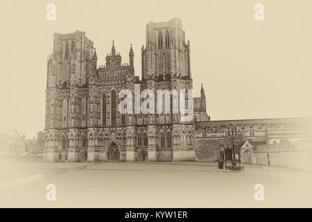 Il fronte ovest della Cattedrale di Wells con magnifiche sculture, Cattedrale di Wells, pozzi, Somerset REGNO UNITO NEL GENNAIO - tonico per dare sbiadito aspetto invecchiato Foto Stock